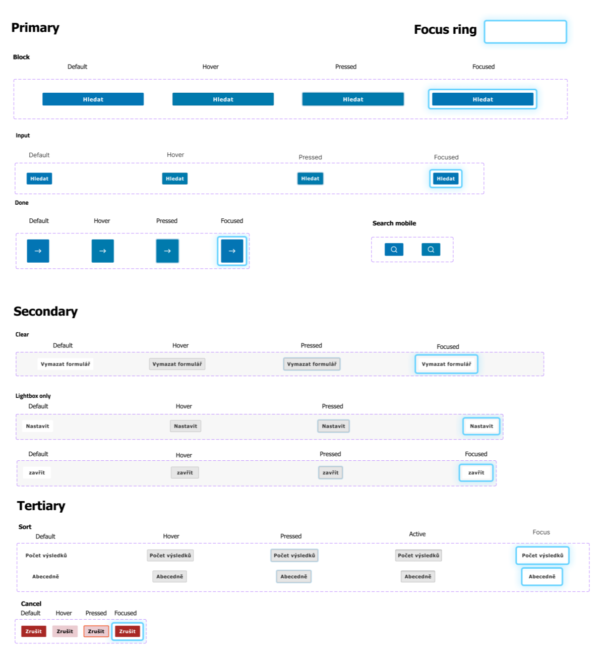 New button hierarchy with default, hover, pressed, and focused states