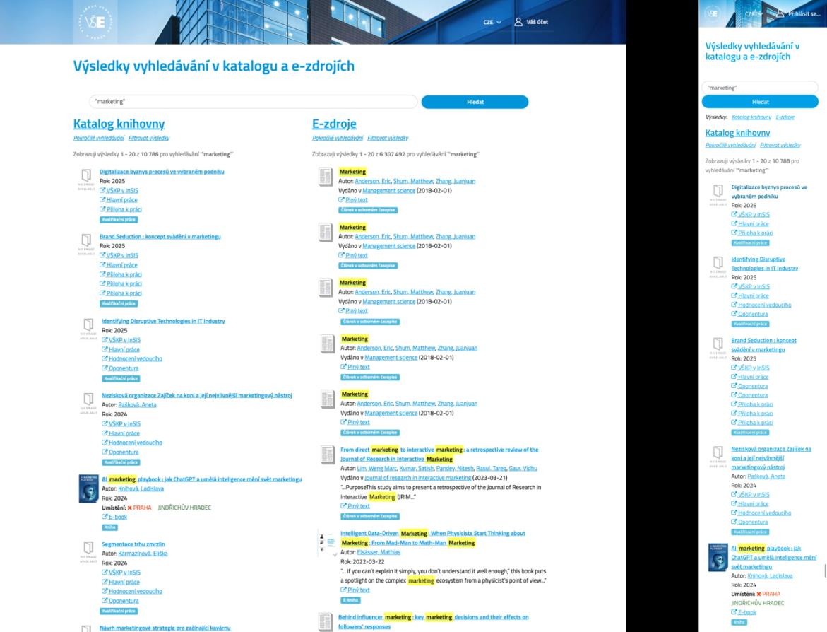 Original search results with catalog and e-resources crammed side by side